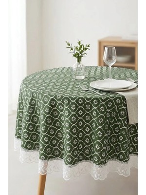 Rona Home Yeşil Yuvarlak Masa Örtüsü Güpürlü Dantel Kenarlı Leke Tutmaz Dekoratif Mutfak Yemek Masası Örtüsü