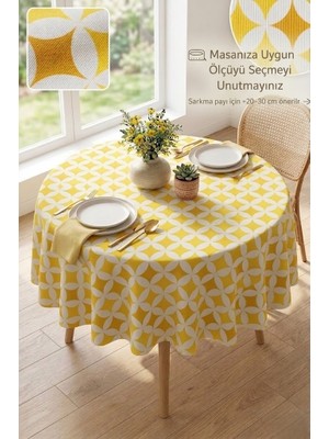 Rona Home Sarı Beyaz Geometrik Desenli Modern Yuvarlak Masa Örtüsü Kaliteli Leke Tutmaz Premium Kumaş Mutfak