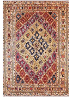 Pera Halı Soluk Turuncu Bej Geometrik Desenli Anadolu Kilim Halı - 44OU