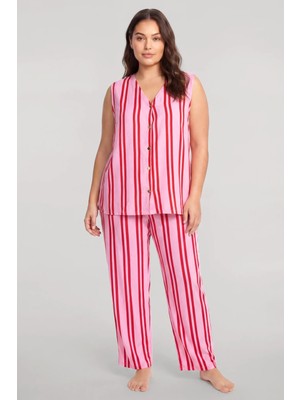 Akbeniz Büyük Beden Pembe Çizgili Yelekli Yazlık Pijama Takımı