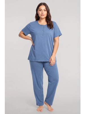 Akbeniz Büyük Beden Düğmeli Kısa Kollu Pijama Takımı Mavi