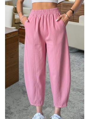 Nana & Mayka Moda Die&More Kadın Pembe Şalvar Pantolon Salaş Dört Mevsim Rahat Pamuk Lastikli Bel Günlük Model Gabardin
