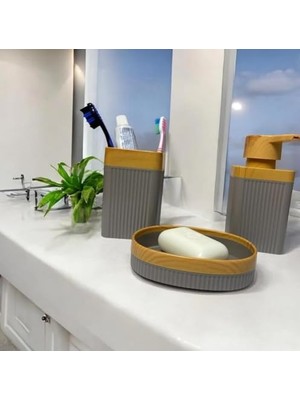 HBMB Store Wespa Modern Banyo Seti, 3'lü, Gri ve Bambu Görünümlü, Sıvı Sabunluk, Diş Fırçalığı ve Sabunluk Içeren Dekoratif Banyo Aksesuarı