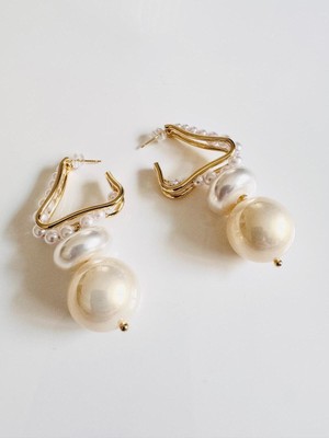 Devi Fashion Büyük Top Inci Gold Abiye Küpe 7 cm