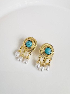 Devi Fashion Vintage Turkuaz Incili Küpe 3 cm