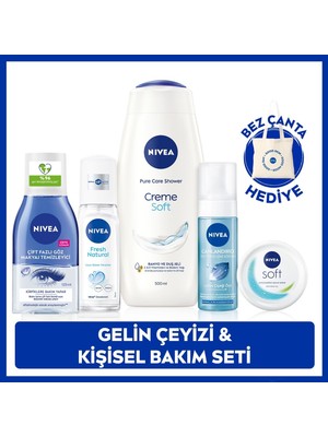 NIVEA Gelin Çeyiz Seti, Creme Soft Duş Jeli 500ml, Canlandırıcı Yüz Temizleme Köpüğü 150ml, Pump Deodorant 150ml ve Nemlendirici Bakım Kremi 100ml
