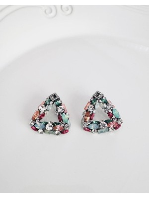 Devi Fashion Abiye Üçgen Zirkon Taşlı Renkli Küpe 3 cm