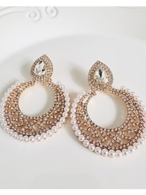Devi Fashion Büyük Abiye Taşlı Inci Küpe 7 cm