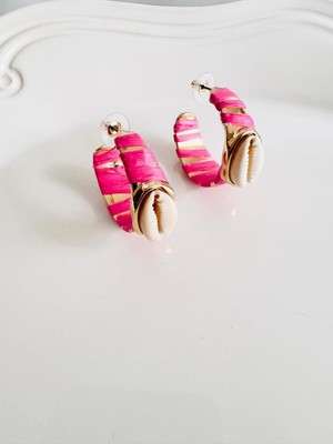 Devi Fashion Deniz Kabuğu Nazar Pembe Hasır Halka Küpe 4 cm