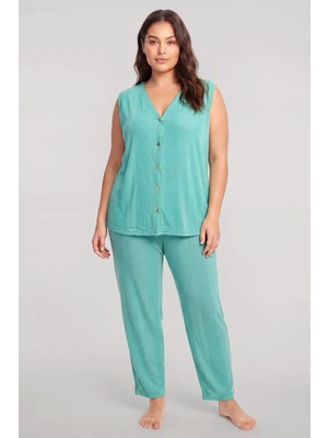 Akbeniz Büyük Beden Yelekli Yazlık Pijama Takımı Su Yeşili