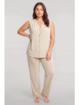 Akbeniz Büyük Beden Yelekli Yazlık Pijama Takımı Bej