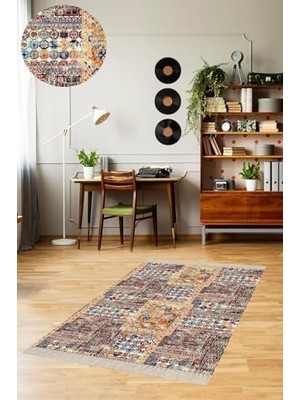 HBMB Store Pelangi Kırkyama Patchwork Desenli Etnik Dijital Baskı Yıkanabilir Kaymaz Taban Salon Halı Yolluk, Bej-Mavi 60 x 120