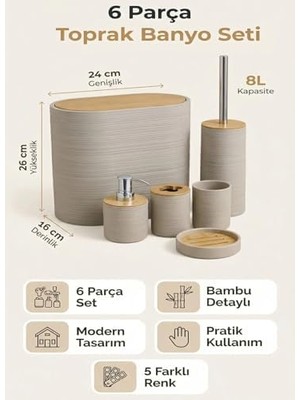 HBMB Store 6 Parça Banyo Seti, Bambu Detaylı, 8l Çöp Kovası 24X26X16 cm (Toprak)