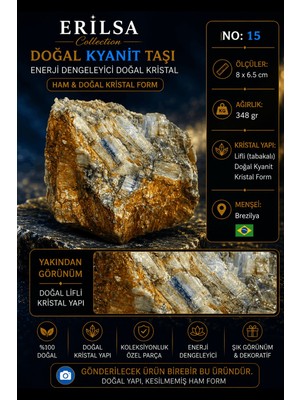 Erilsa Sertifikalı Doğal Kyanit Taşı Ham Kristal Kütle Koleksiyonluk Dekor Taşı No 15