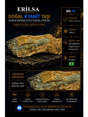 Erilsa Sertifikalı Doğal Kyanit Taşı Ham Kristal Kütle Dekoratif Koleksiyon Taşı No 20