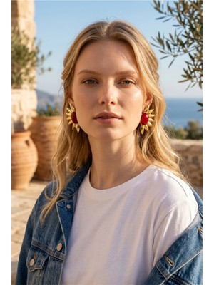 Xuping Jewelry Gosessa Kadın Mürdüm Taşlı Güneş Formlu Gold Kanat Detaylı Küpe