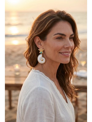 Xuping Jewelry Kadın Gold Deniz Yıldızı ve Istiridye Küpe - Taşlı Deniz Temalı Yaz Küpesi