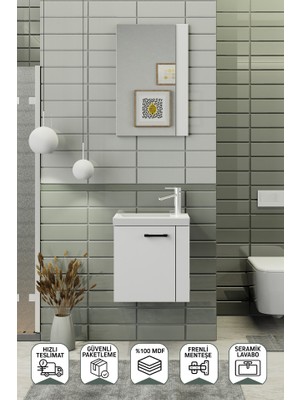 Biani Minila 45 cm Banyo Dolabı,Seramik Lavabolu, Aynalı,Lavabo Dahil,Mdf,Mat Beyaz