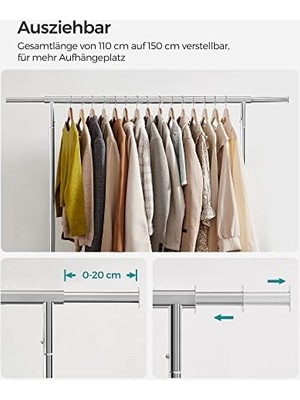 HBMB Store Elbise Askısı, Tekerlekli Elbise Askıları, Metalden Yapılmış Portmanto, 130 Kg'a Kadar Yüklenebilir, Uzunluk 110-150 Cm, Krom Kaplama, HSR11S
