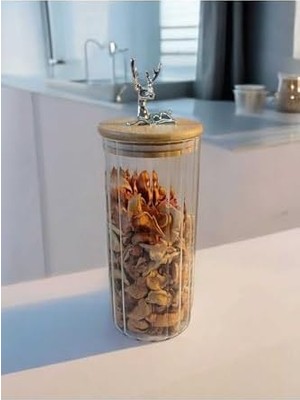 HBMB Store (9X20 Cm) 1 Adet Geyikli Cam Saklama Kavanozu Geyik Başı Gümüş Renk Hava Geçirmez Y-411,ŞEFFAF