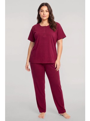 Akbeniz Büyük Beden Düğmeli Kısa Kollu Pijama Takımı Vişne