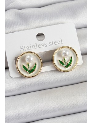 Uravas Store Pirinç Beyaz Mineli Lale Figürlü Sanatsal Portre Model Gold Renk Kadın Küpe