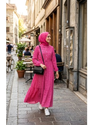 Sefa Merve Çiçek Desenli Belden Bağlamalı Tesettür Elbise 0298-03 Pembe