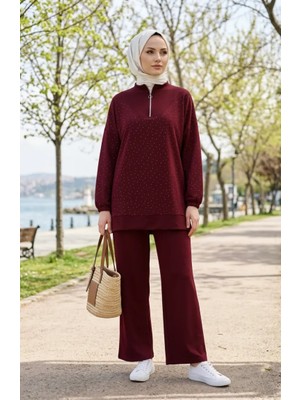 Sefa Merve Oysho Kumaş Taşlı Fermuarlı Tunik Pantolon Ikili Takım 0282-02 Bordo
