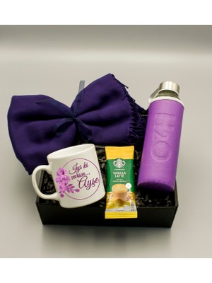As Gift Kişiye Özel Tasarımlı Beyaz Kupa & H2O Kılıflı Suluk & Şal & Vanilla Latte Hediye Seti
