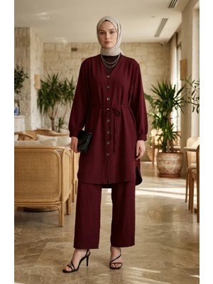 Sefa Merve Modal Kumaş Düğme Detaylı Ikili Takım 2268-02 Bordo