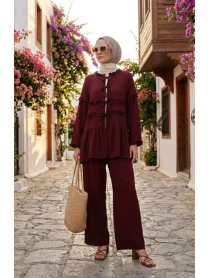 Sefa Merve Modal Kumaş Fırfırlı Bağcıklı Ikili Takım 2270-04 Bordo