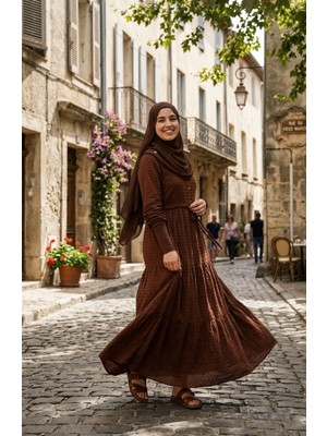 Sefa Merve Yarım Düğmeli Belden Bağlamalı Kat Kat Elbise 2273-01 Kahverengi