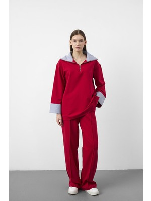 Basic Park Kırmızı Kontrast Dokuma Yaka Pamuklu Oversize Relax Takım