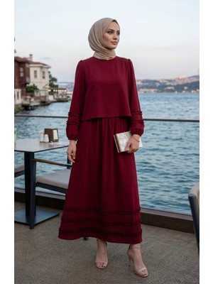 Sefa Merve Fırfırlı Bluz Etek Ikili Takım 0279-07 Bordo