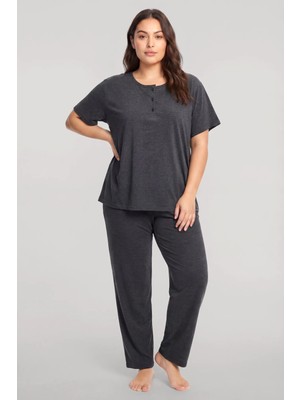 Akbeniz Büyük Beden Düğmeli Kısa Kollu Pijama Takımı Antrasit