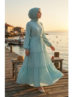 Sefa Merve Belden Bağlamalı Puantiyeli Tesettür Elbise 0287-02 Çağla Yeşili