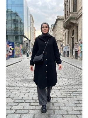 Sefa Merve Kapüşonlu Düğmeli Kaşe Kap 0201-05 Siyah