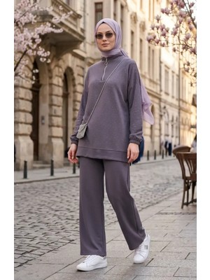 Sefa Merve Oysho Kumaş Taşlı Fermuarlı Tunik Pantolon Ikili Takım 0282-04 Gri