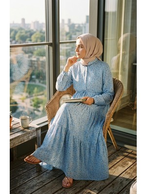 Sefa Merve Çiçek Desenli Belden Bağlamalı Tesettür Elbise 0293-02 Mavi