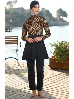 Sefa Merve Siyah-Gold Zebra Desenli Etekli Boneli Tesettür Mayo 25938-01 Siyah