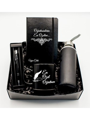 As Gift Öğretmenler Gününe Özel Tasarımlı Isim Soyisimli Siyah Defter & H2O Kılıflı Su Matarası & Siyah Kupa & Siyah Kalem Hediye Seti