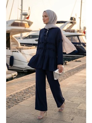 Sefa Merve Modal Kumaş Fırfırlı Bağcıklı Ikili Takım 2270-02 Lacivert