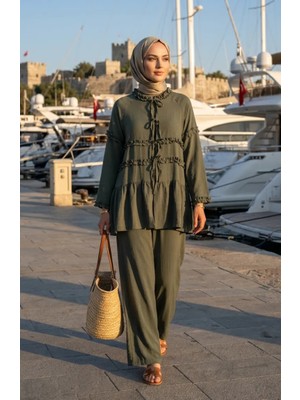 Sefa Merve Modal Kumaş Fırfırlı Bağcıklı Ikili Takım 2270-03 Haki