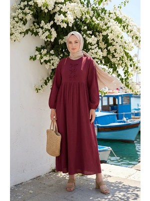 Sefa Merve Müslin Kumaş Fiyonk Detaylı Tesettür Elbise 2272-01 Gül Kurusu