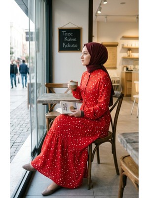 Sefa Merve Beli Bağcıklı Puantiyeli Kat Kat Elbise 0283-01 Kırmızı