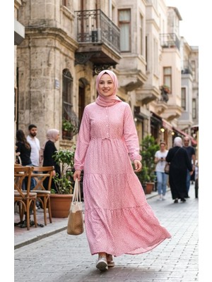 Sefa Merve Belden Bağlamalı Puantiyeli Tesettür Elbise 0287-03 Pudra
