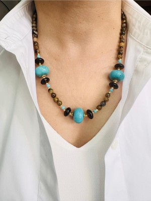 Devi Fashion Firuze ve Kaplan Gözü Doğal Taş Kolye 53 cm