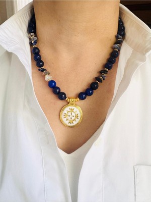 Devi Fashion Lapis ve Sodalit Doğal Taş Vintage Kolye 48 cm