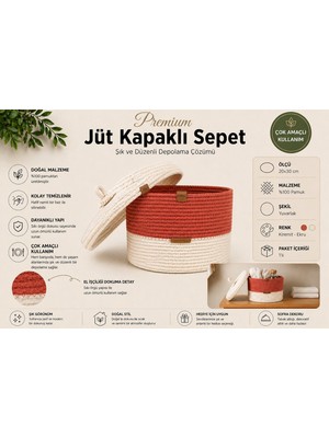 Fabrix Home Ekru - Kiremit %100 Pamuk Kapaklı Organizer Sepet 20X30 cm | Dekoratif Düzenleyici