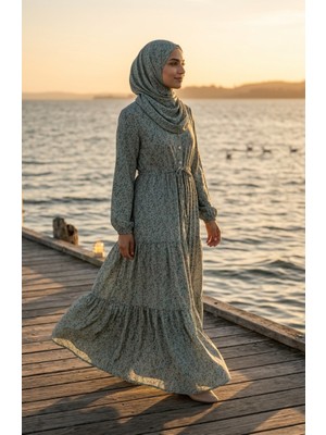 Sefa Merve Çiçek Desenli Belden Bağlamalı Tesettür Elbise 0294-03 Çağla Yeşili
